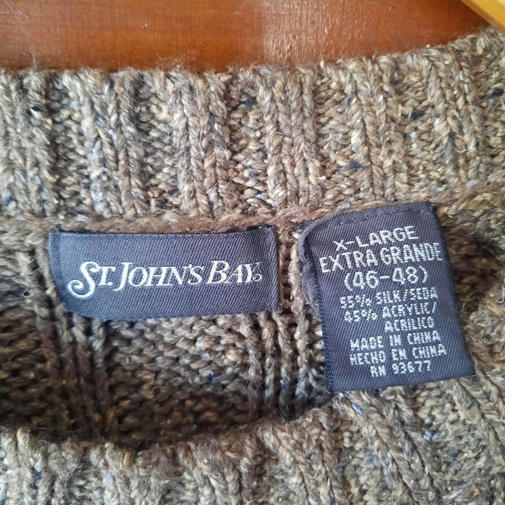 St. John's Bay Marled Brown Silk Blend Cable Knit Crewneck Sweater Size XL - Picture 7 of 8